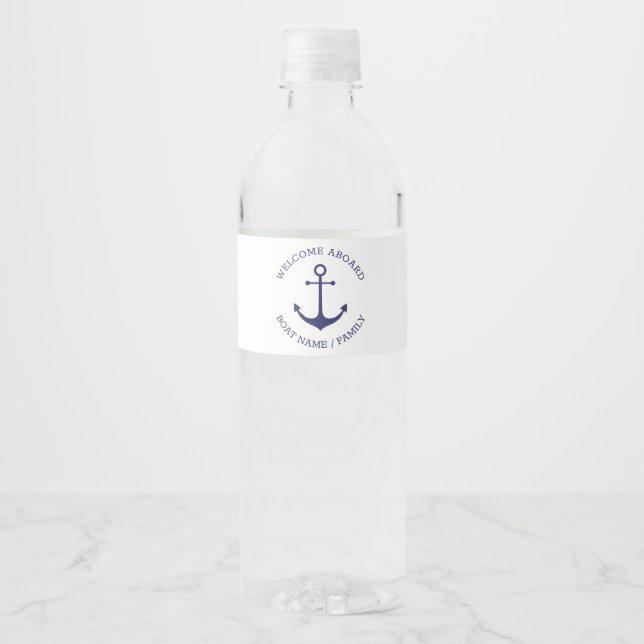 Custom Welcome Aboard nautical anchor navy white Water Bottle Label (Front)
