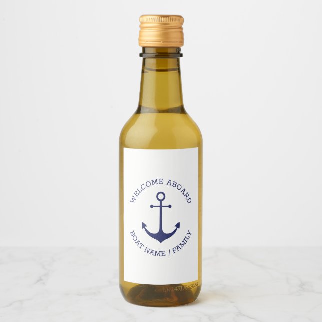 Custom Welcome Aboard nautical anchor navy white Wine Label (Front)