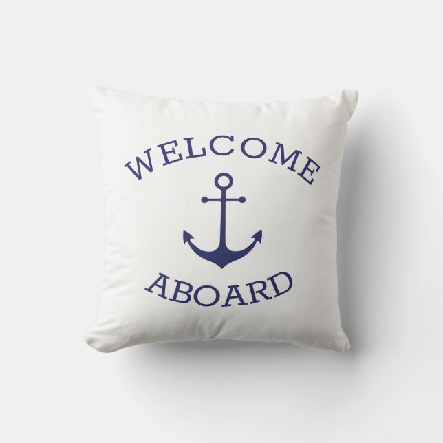 Custom Welcome Aboard nautical navy blue anchor Cushion (Front)
