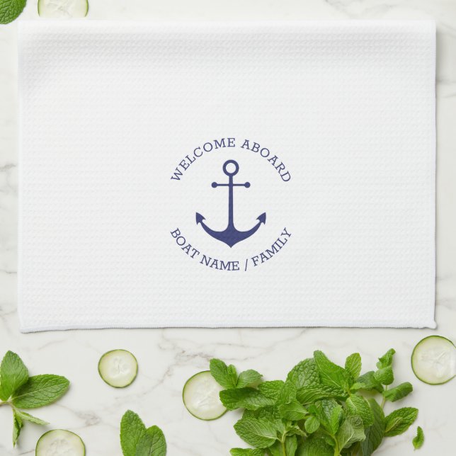 Custom Welcome Aboard nautical navy blue anchor Tea Towel (Folded)