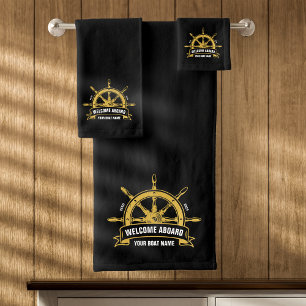 Custom Welcome Aboard Nautical Ship Wheel Black Bath Towel Set