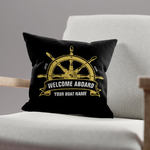 Custom Welcome Aboard Nautical Ship Wheel Black Cushion