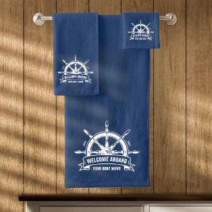 Custom Welcome Aboard Nautical Ship Wheel Blue Bath Towel Set