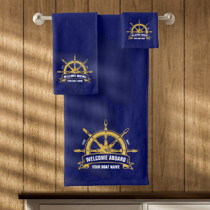 Custom Welcome Aboard Nautical Ship Wheel Blue Bath Towel Set