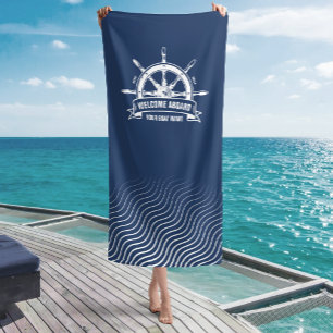 Custom Welcome Aboard Nautical Ship Wheel Blue Beach Towel