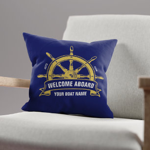 Custom Welcome Aboard Nautical Ship Wheel Blue Cushion