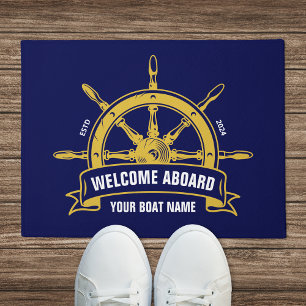 Custom Welcome Aboard Nautical Wheel Blue Gold Doormat
