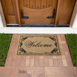 Custom Welcome Antique Floral Scroll Faux Burlap Doormat