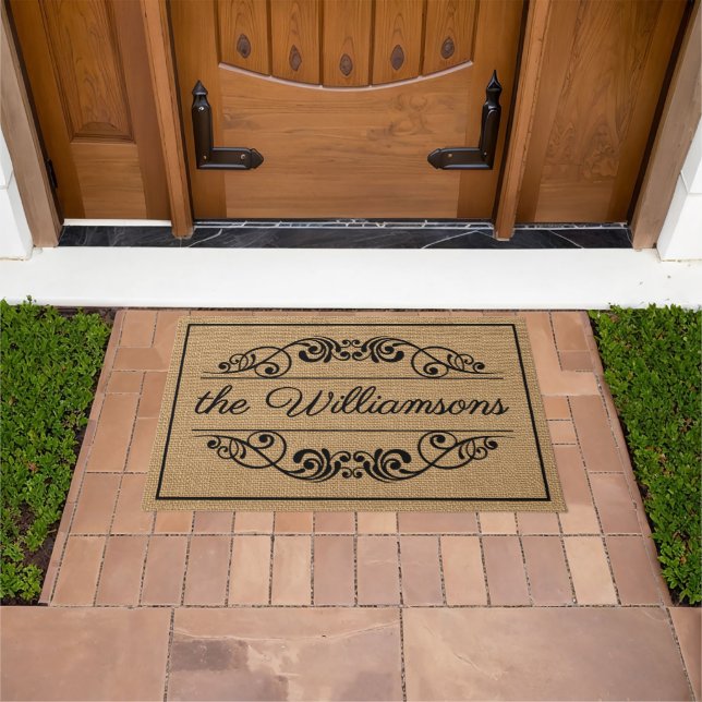 Custom Welcome Antique Floral Scroll Faux Burlap Doormat (Outdoor)