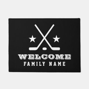 Custom welcome door mat with ice hockey sticks
