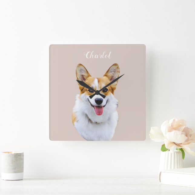 Custom Welsh Corgi Dog Personalised Drawing Square Wall Clock (Home)