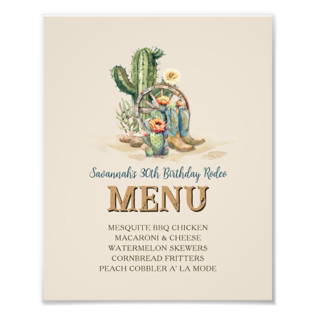 Custom Western Cowgirl Up Rodeo Party Menu Sign (Front)