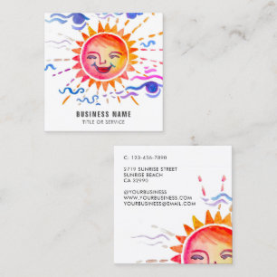 Custom Whimsical Bright Colorful Sun Watercolor Square Business Card