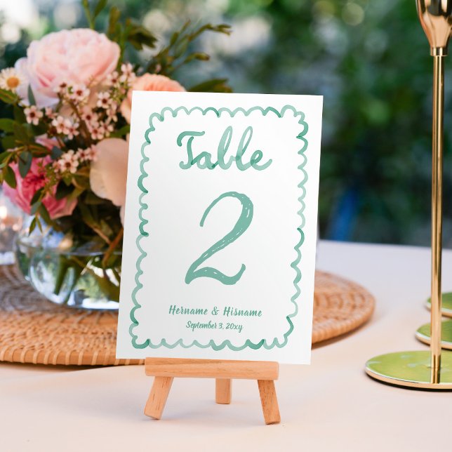 Custom Whimsical Fun Hand Drawn Olive Green White Table Number (Creator Uploaded)