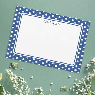 Custom Whimsical Paw Print Polka Dot Blue Note Card