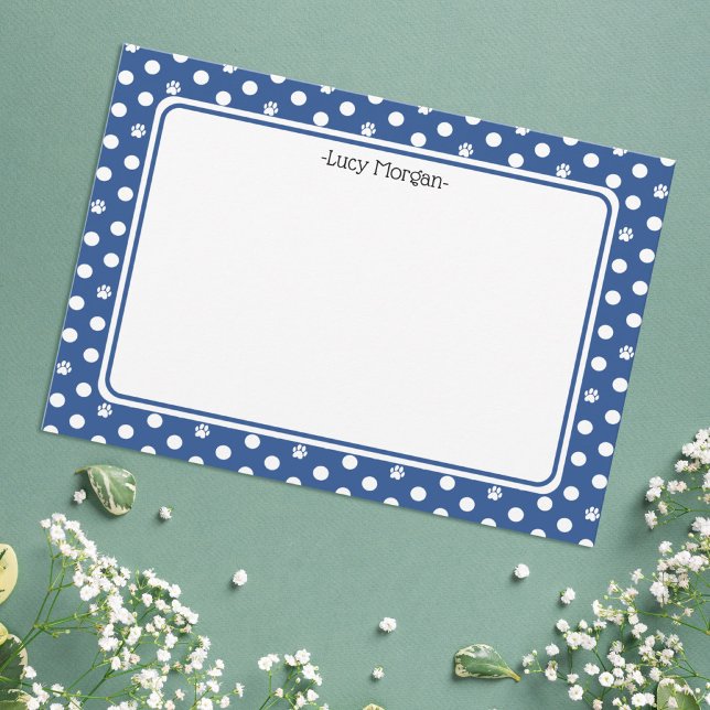 Custom Whimsical Paw Print Polka Dot Blue Note Card (Creator Uploaded)