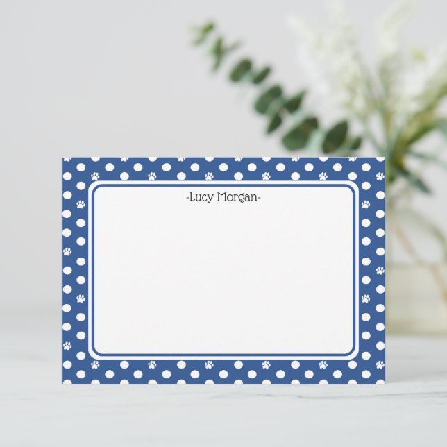 Custom Whimsical Paw Print Polka Dot Blue Note Card (Standing Front)