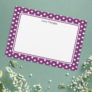 Custom Whimsical Paw Print Polka Dot Purple Note Card