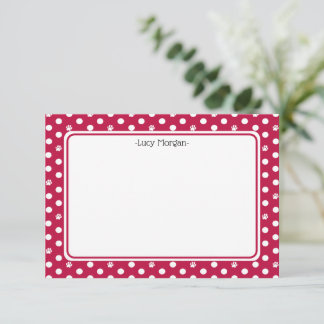 Custom Whimsical Paw Print Polka Dot Red Note Card