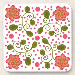 Custom Whimsical Pink Floral & Polka Dot Pattern Coaster