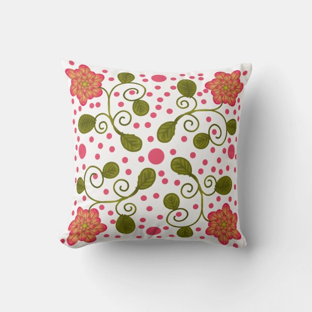 Custom Whimsical Pink Floral & Polka Dot Pattern Cushion (Front)