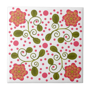 Custom Whimsical Pink Floral & Polka Dot Pattern Tile