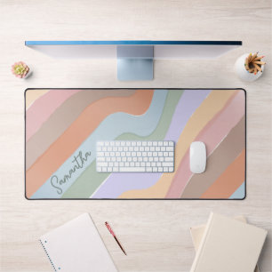 Custom Whimsical Retro Stripes Pastel Rainbow Wave Desk Mat