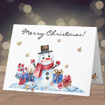Custom, Whimsy Retro Snowman Merry Christmas Holiday Card<br><div class="desc">A fun, whimsical Merry Christmas winter card decorated with a retro snowman with a top hat, surrounded by wrapped packages and falling gold stars. Easily change the stylish script text on front, inside and back to make it yours using the Template provided. White envelope is included or mark "none" for...</div>