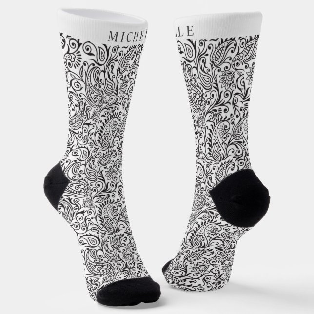 Custom White And Black Paisley Pattern Socks (Angled)