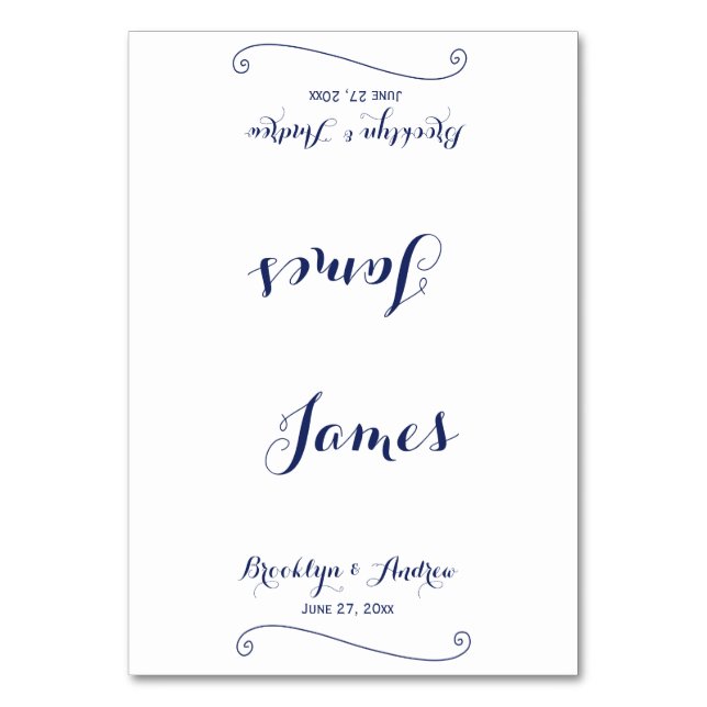 Custom White And Blue Wedding Place Cards (Front)