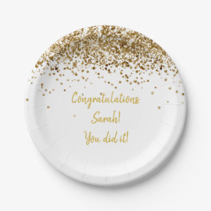 Custom White and Gold Graduation Party Glitter Paper Plate