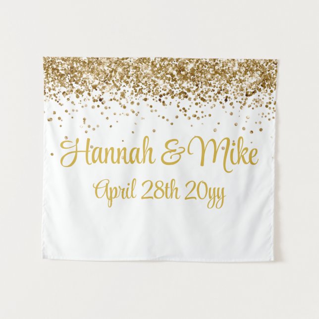 Custom White and Gold Wedding Backdrop Photo Booth Tapestry (Front (Horizontal))
