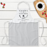 Custom, White and Grey Stripes, Farmhouse Kitchen Apron<br><div class="desc">Make this beautiful white and grey stripe pattern apron your own,  with ability to customise all four text areas with your own message! Design with beautiful area for your text,  enhanced with spatula,  mixing bowls,  fork and whisk details. Unique great gift idea!</div>