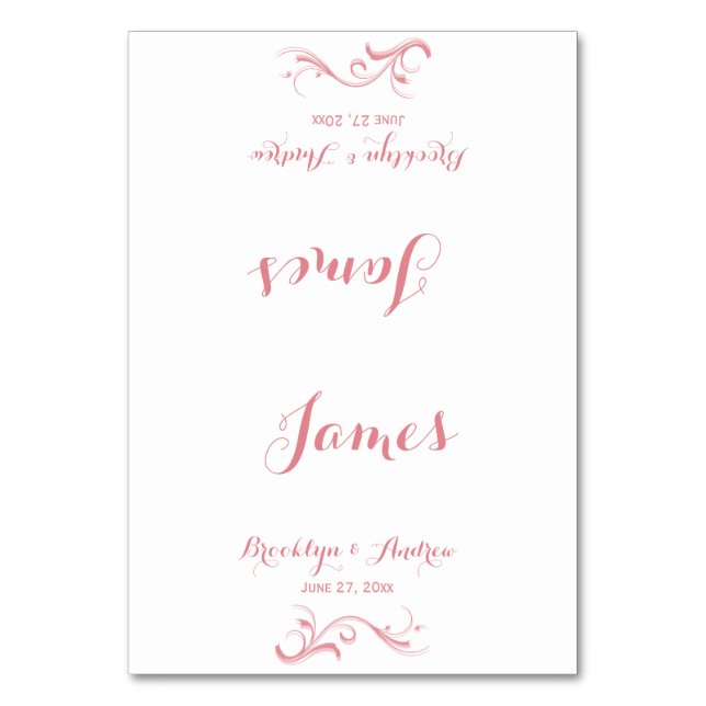 Custom White And Pink Wedding Place Cards (Front)
