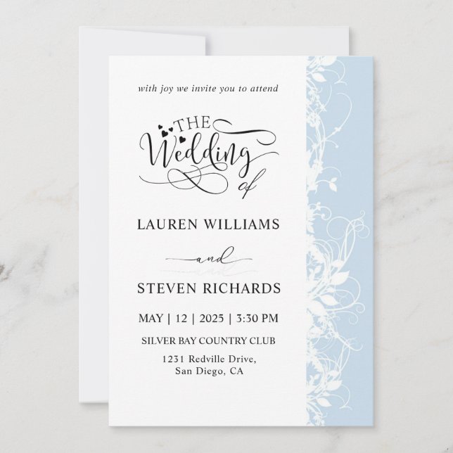 Custom White And Soft Light Blue Wedding Invitation (Front)