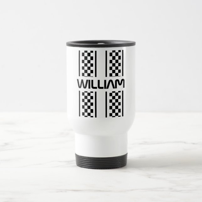 Custom White & Black Auto Race Stripe  Travel Mug (Center)