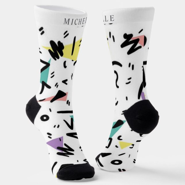 Custom White Black Green Pink Yellow Abstract  Socks (Angled)