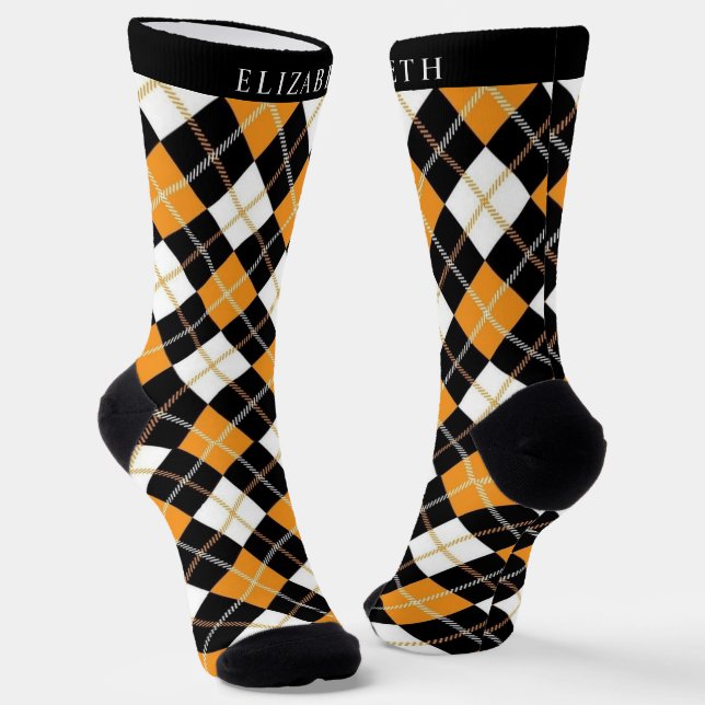 Custom White Black Orange Argyle Pattern Socks (Angled)