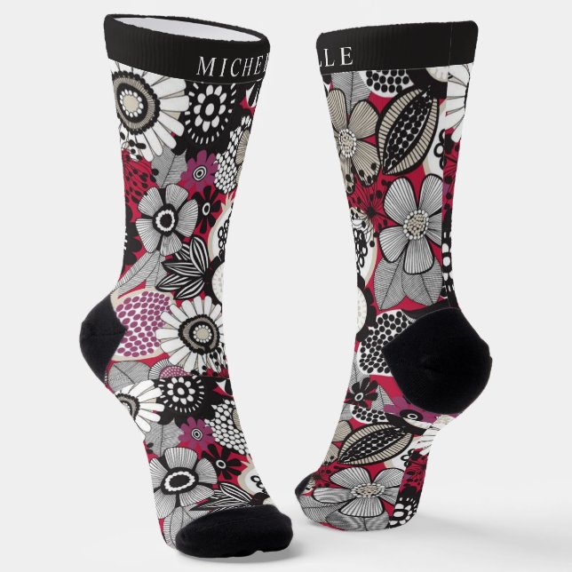 Custom White Black Red Floral Flowers Socks (Angled)