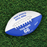Custom white blue Football with Name, Number, Team<br><div class="desc">Create your own custom white blue Football with Name, Number, Team Name, Slogan and Year. Personalise this simple classic football template with your custom message, name, team name and year. Easily personalise it for a cool sport keepsake. Create your unique personalised gift for coach, boy's birthday, football player, teammates and...</div>
