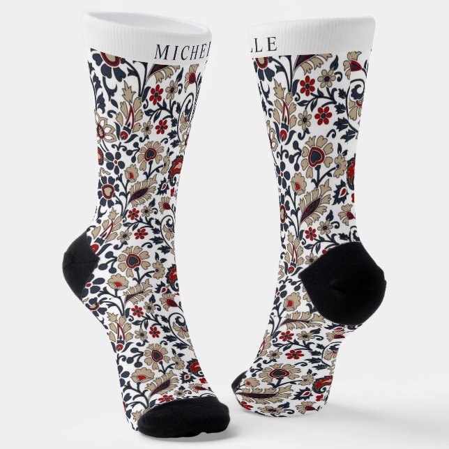Custom White Blue Grey Red Paisley Pattern Socks (Angled)
