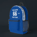 Custom white blue Name, Number, Team Sport Printed Backpack<br><div class="desc">Create your own custom white blue Sport Football Style Printed Backpack with Name, Number, Team Name, Slogan and Year. Personalise this simple classic Printed Backpack template with your custom message, name, team name and year. Easily personalise it for a cool sport keepsake. Create your unique personalised gift for coach, boy's...</div>