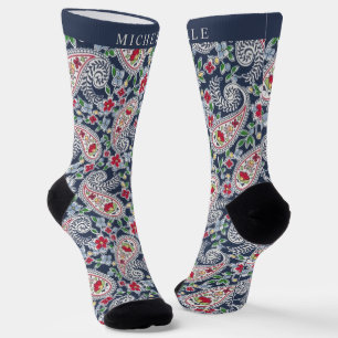 Custom White Blue Red Paisley Pattern Socks