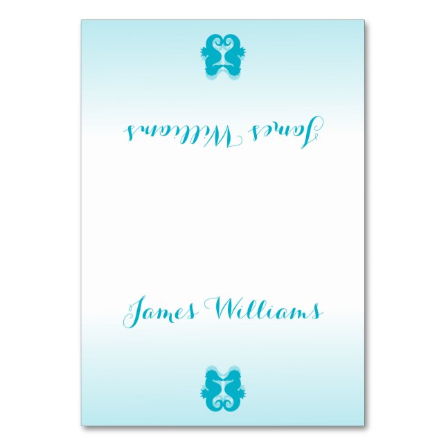 Custom White Blue Seahorse Wedding Place Cards (Front)