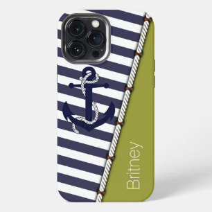 Custom White Blue Stripes Pattern Retro Anchor iPhone 13 Pro Max Case