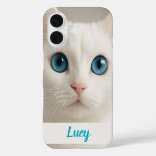 Custom White Cat Phone Case with Blue Eyes 
