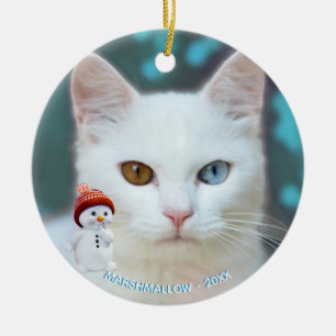 Custom White Cat Photo with Cute Snowman Ceramic Tree Decoration