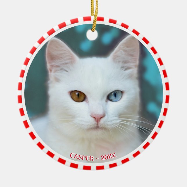 Custom White Cat Photo with Red & White Frame Ceramic Tree Decoration (Front)