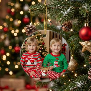Custom White Christmas Photo with Reindeer Motif Ceramic Tree Decoration