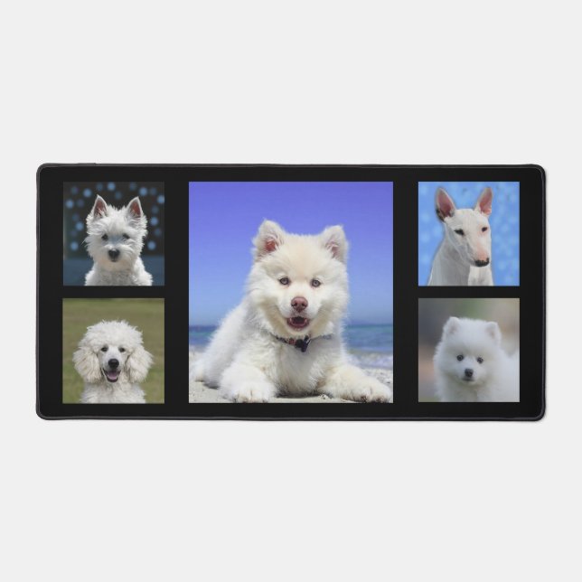Custom White Dog Photos on Black Desk Mat (Front)